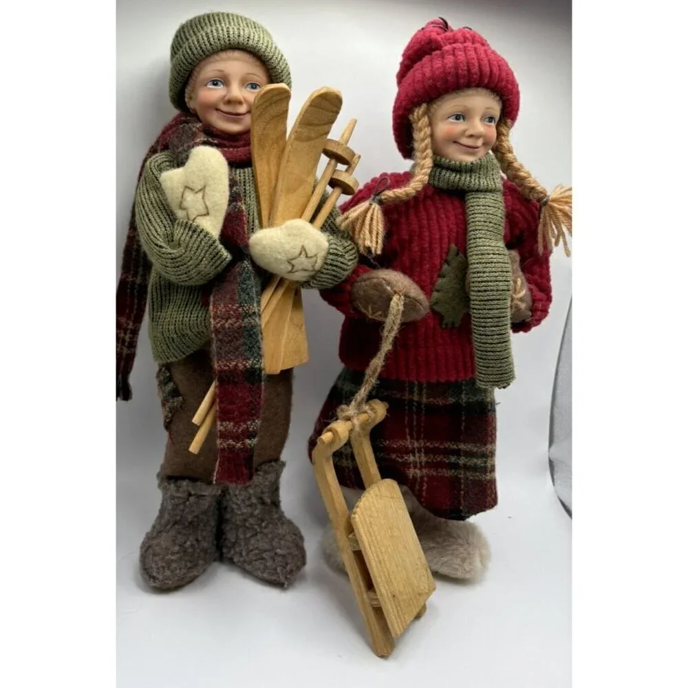 Vintage German Boy Skier and Girl with Sled (Pair)